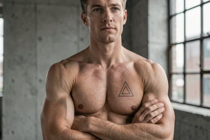Homme athlétique avec un tatouage minimaliste géométrique sur le pectoral gauche, fond béton urbain