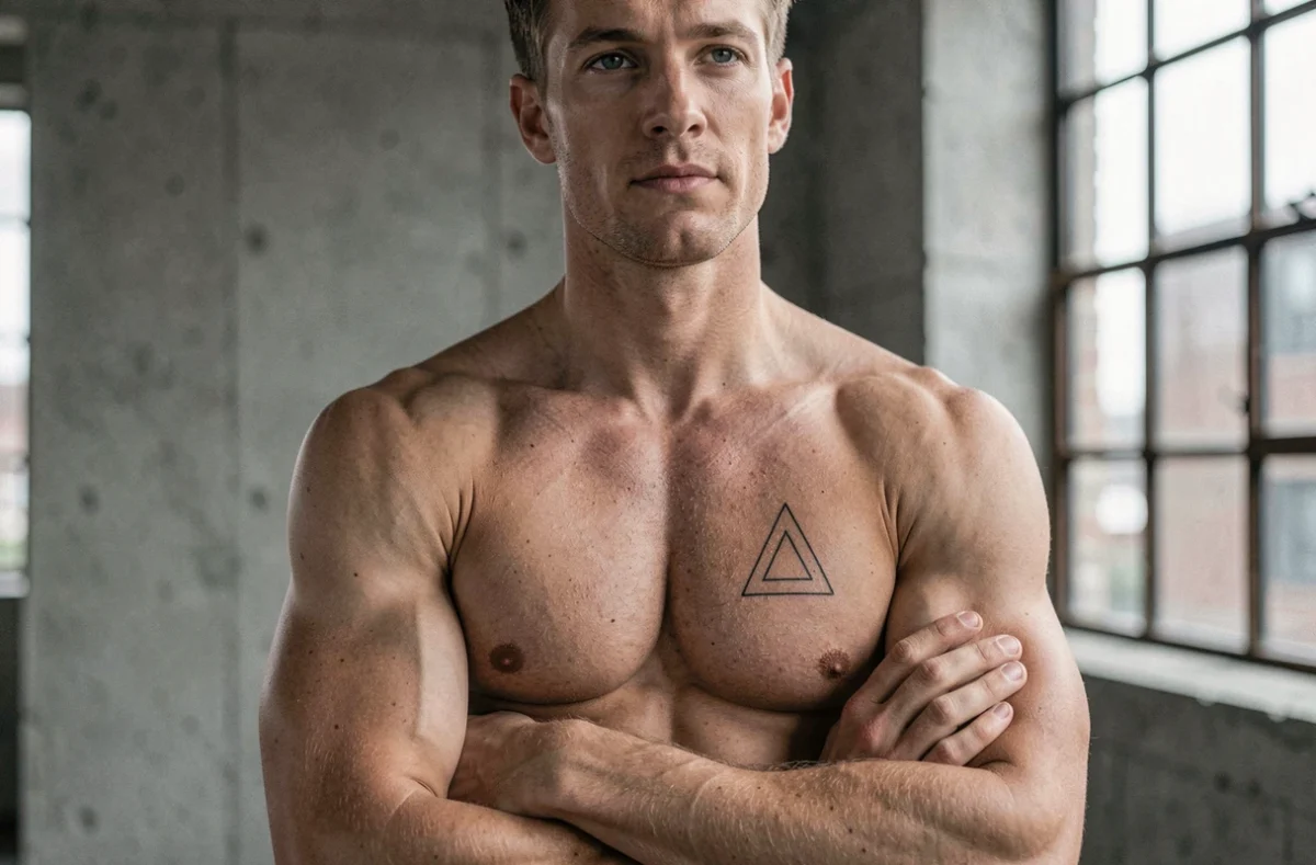 Homme athlétique avec un tatouage minimaliste géométrique sur le pectoral gauche, fond béton urbain