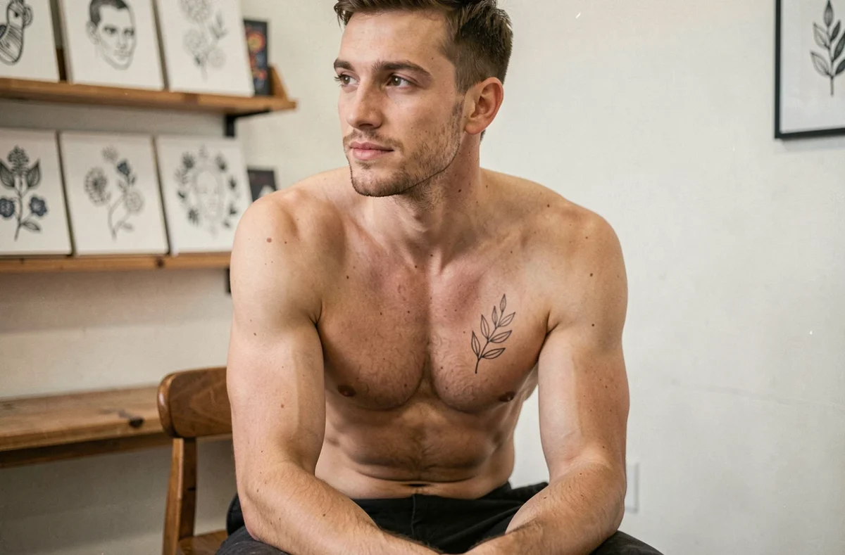 Jeune homme assis en studio de tatouage avec un tatouage fine line botanique sur le pectoral droit