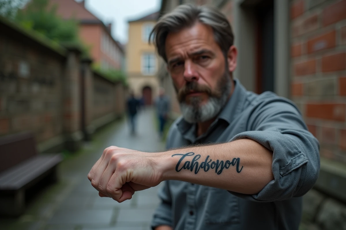 Homme présentant un tatouage de prénom en calligraphie sur l'avant-bras, en hommage personnel, cadre urbain extérieur