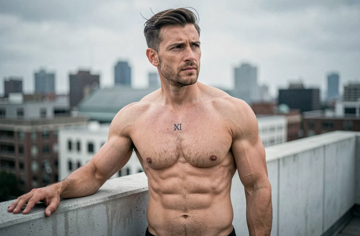 Homme torse nu sur un rooftop urbain avec un tatouage minimaliste au sternum entre les pectoraux