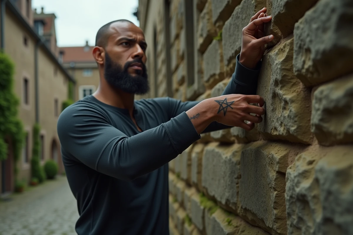 Homme avec tatouage trois triangles sur l'avant-bras devant un mur de pierre ancien