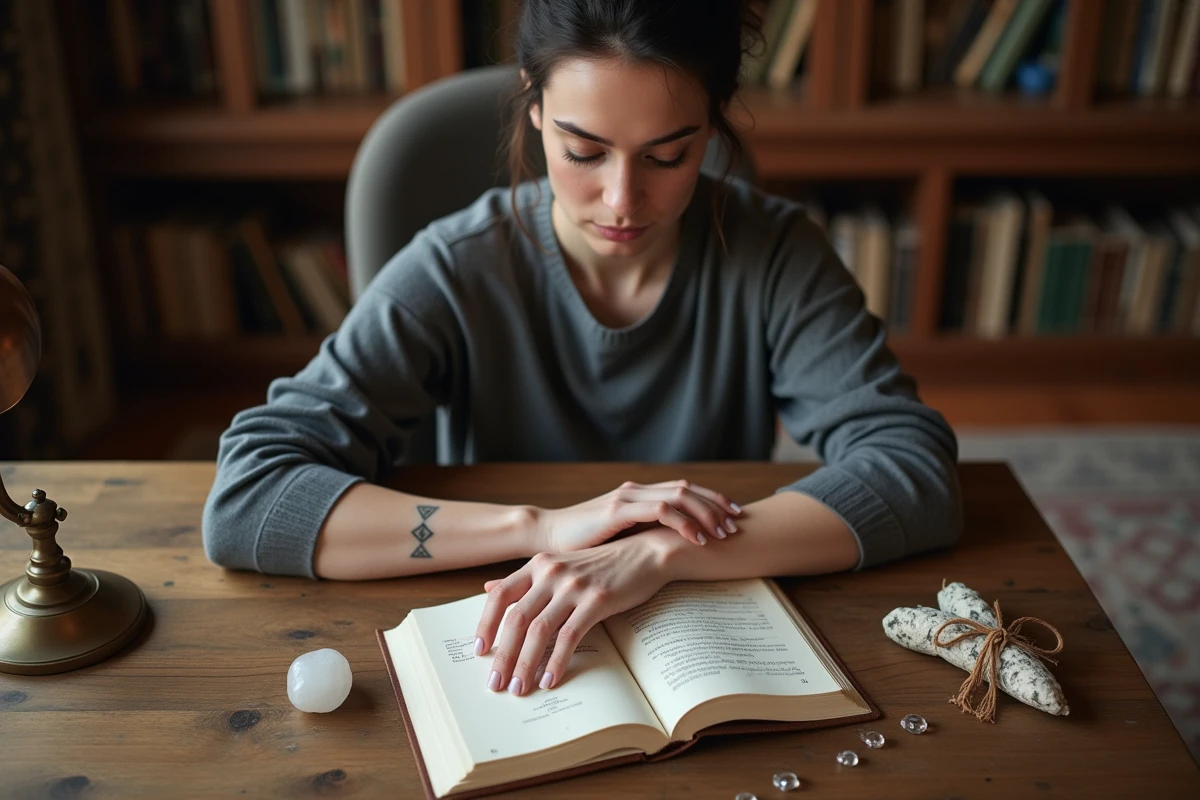 Femme avec tatouage trois triangles sur le poignet dans un bureau cosy entouré d'objets spirituels