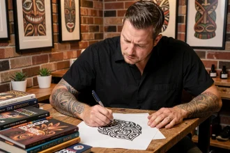 Tatoueur professionnel dessinant un motif tribal polynésien dans son studio décoré d'œuvres culturelles