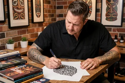 Tatoueur professionnel dessinant un motif tribal polynésien dans son studio décoré d'œuvres culturelles
