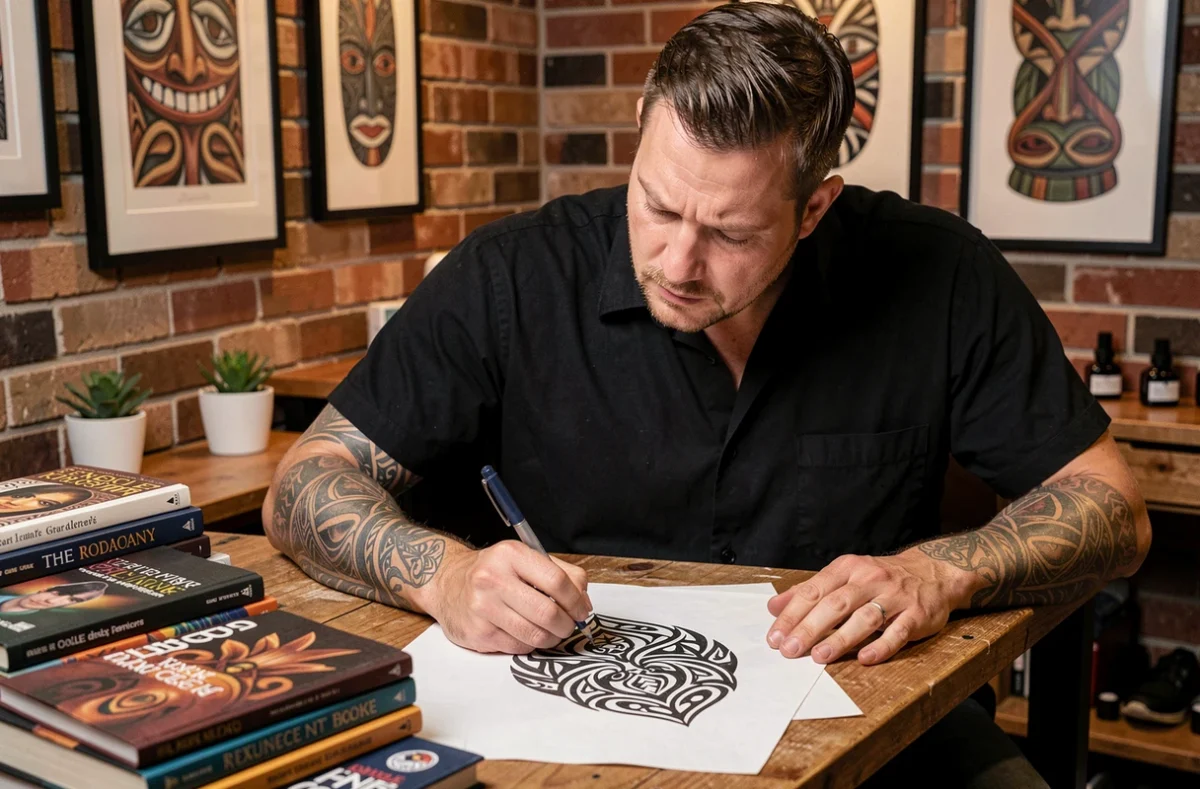 Tatoueur professionnel dessinant un motif tribal polynésien dans son studio décoré d'œuvres culturelles