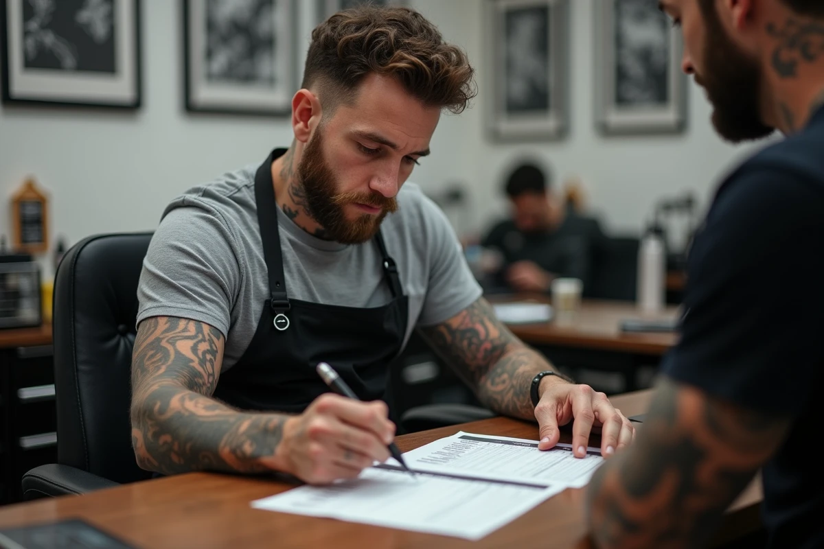 Tatoueur professionnel examinant un devis de tatouage avec un client dans un studio moderne