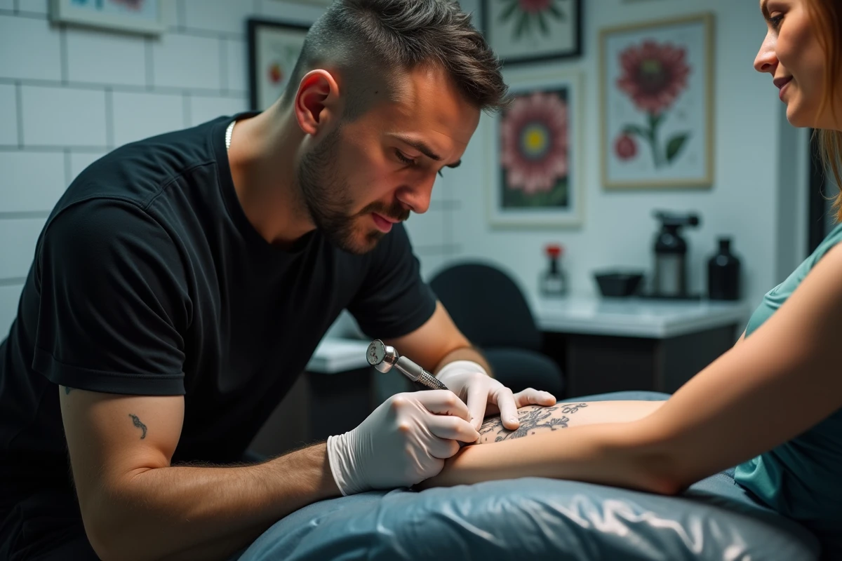 Tatoueur professionnel travaillant sur un tatouage floral sur l'avant-bras d'un client dans un studio de tatouage moderne