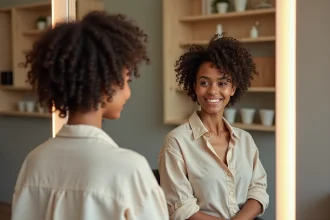 Femme aux cheveux bouclés en coupe shaggy après une transition depuis un carré droit, assise dans un salon de coiffure moderne