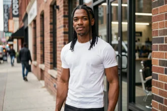 Homme avec des tresses africaines collées en cornrows géométriques et dégradé sur les côtés, style tendance 2026 devant une barbershop urbaine