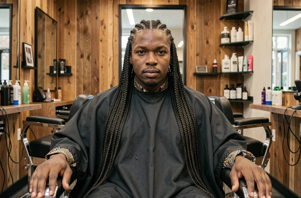 Homme adulte avec des tresses collées feed-in longues et épaisses assis dans un fauteuil de barbier moderne, style tendance pour hommes 2026