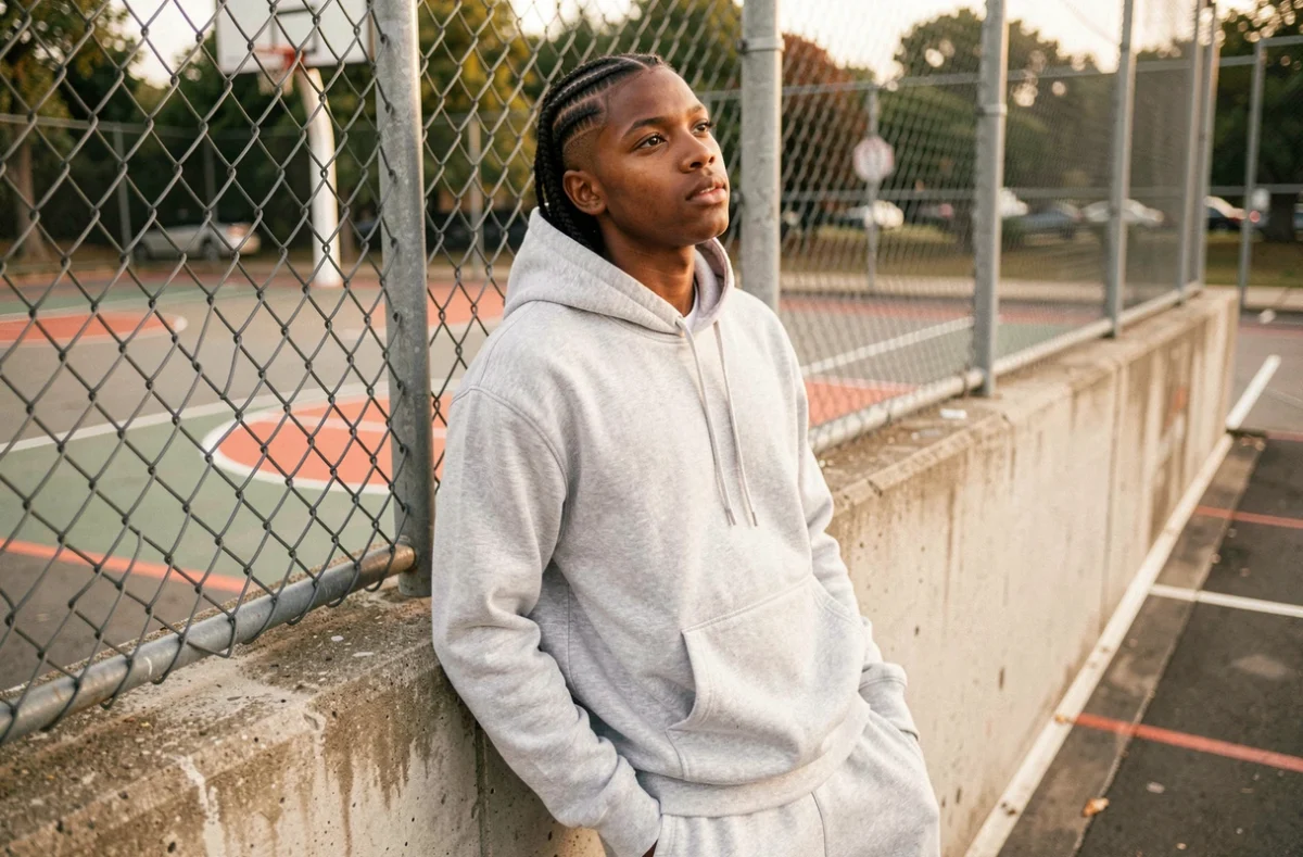 Adolescent avec des tresses africaines collées en zigzag et dégradé haut posé dans un terrain de basketball urbain, idée de coiffure tendance 2026