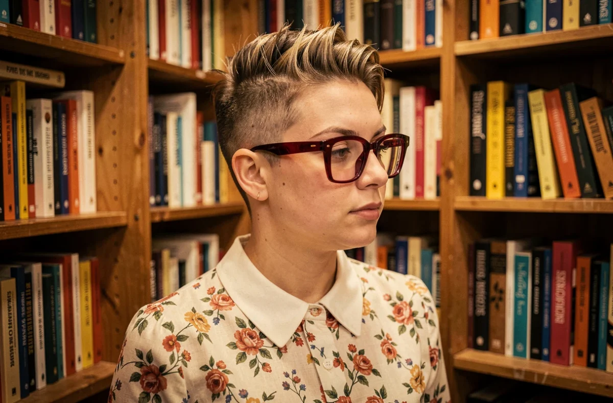 Jeune femme avec une coupe undercut volumisée et des lunettes carrées bordeaux dans une librairie, coiffure adaptée à un visage rond