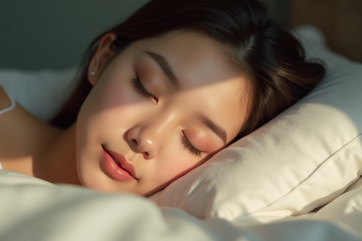 Visage paisible reposant sur un oreiller en lumière naturelle