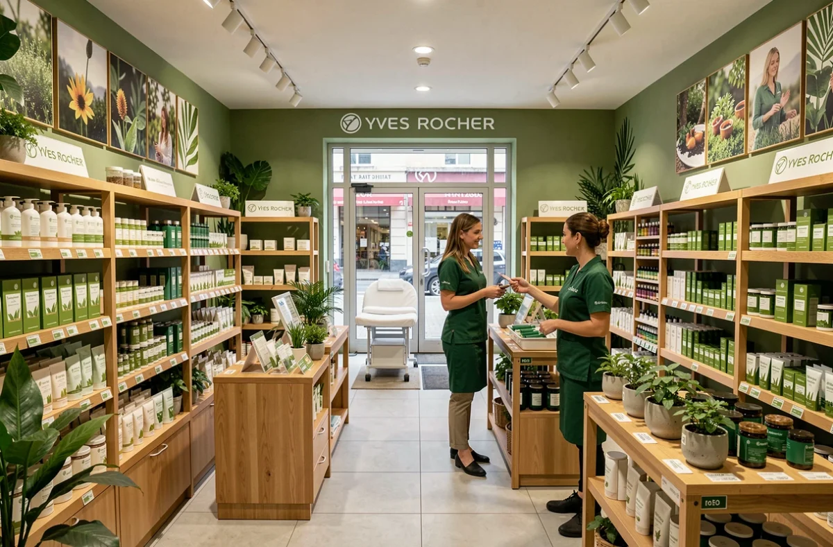 Intérieur de la boutique Yves Rocher Lyon Part-Dieu avec ses produits botaniques et son décor végétal signature
